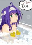  1girl ahoge bathtub breasts commentary convenient_censoring fire_emblem fire_emblem:_path_of_radiance fire_emblem:_radiant_dawn green_eyes hairband highres long_hair medium_breasts mia_(fire_emblem) nude partially_submerged purple_hair rubber_duck solo thought_bubble upper_body vialnite water white_hairband 