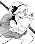  1girl absurdres bob_cut breasts bursting_breasts cleavage closed_mouth constricted_pupils feet_out_of_frame from_above greyscale highres himajin_noizu huge_breasts konpaku_youmu legs_apart looking_down monochrome solo sword touhou weapon 