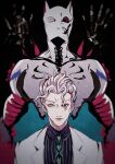  1boy black_eyes blonde_hair blue_eyes commentary_request diamond_wa_kudakenai heterochromia jacket jojo_no_kimyou_na_bouken killer_queen kira_yoshikage long_sleeves looking_at_viewer male_focus mizudama necktie shirt short_hair stand_(jojo) 