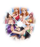  4girls amazon_warrior aqua_bikini arm_tattoo bikini black_hair blue_eyes boa_hancock breasts brown_eyes cleavage color_coordination color_wheel color_wheel_challenge earrings highres jewelry kyopink large_breasts long_hair looking_at_viewer multiple_girls multiple_views nami_(one_piece) navel nico_robin one_piece orange_eyes orange_hair original pink_eyes pink_hair ponytail purple_eyes red_bikini short_hair smile snake_earrings swimsuit tattoo yellow_bikini 