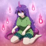  1girl @_@ bags_under_eyes breasts commentary_request highres horns kneeling large_breasts long_hair looking_at_viewer open_mouth pointy_ears purple_hair red_eyes shirosato shirt short_sleeves shorts simple_background single_horn smile solo tail tenkajin_chiyari touhou unfinished_dream_of_all_living_ghost 
