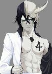  1boy abs black_hair bleach chest_tattoo clothes_removed green_eyes grey_background highres hishui_prpr hole_in_chest hole_on_body male_focus pale_skin pectoral_cleavage pectorals short_hair simple_background solo tattoo toned toned_male ulquiorra_cifer upper_body 