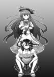  2girls breasts buttons center_frills closed_mouth collared_shirt commentary_request crossed_arms flat_chest frilled_skirt frills full_body greyscale hat highres hinanawi_tenshi horns kduf kijin_seija leaf_hat_ornament long_hair looking_at_viewer monochrome multicolored_hair multiple_girls open_mouth peach_hat_ornament puffy_short_sleeves puffy_sleeves sandals shirt short_hair short_sleeves skirt small_breasts smile squatting streaked_hair touhou v-shaped_eyebrows 