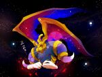  armlet blue_wings closed_eyes commentary_request crown demon_wings disembodied_limb frown gloves kirby_(series) magolor magolor_soul master_crown no_humans open_mouth red_wings shirushiki sleeping solo space star_(sky) teeth two-tone_wings white_gloves wings yellow_headwear zzz 