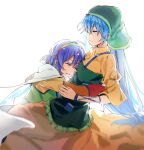  2girls apron arm_ribbon blue_hair blue_ribbon blush cloak closed_mouth crying dress green_apron green_headwear hairband haniyasushin_keiki head_scarf highres long_hair long_sleeves maisuiren multicolored_clothes multicolored_dress multicolored_hairband multiple_girls open_mouth rainbow_gradient ribbon short_hair simple_background sleeves_past_elbows tenkyuu_chimata touhou white_background white_cloak yellow_dress 