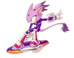  1girl animal_ears blaze_the_cat cat_ears cat_girl cat_tail eyelashes forehead_jewel fur-trimmed_gloves fur_trim gloves highres hover_board jumpsuit pink_footwear ponytail purple_jumpsuit simple_background smile sonic_(series) sonic_riders tail white_background white_gloves yamimatsu7 yellow_eyes 