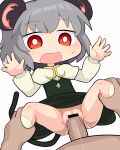  1boy 1girl animal_ears bar_censor blush bright_pupils capelet censored clothed_sex commentary cookie_(touhou) crystal flat_chest grey_hair grey_skirt grey_vest hetero hospital_king jewelry leg_grab long_sleeves medium_bangs mouse_ears mouse_girl mouse_tail nazrin no_panties nyon_(cookie) open_mouth pendant penis pussy red_eyes sex shirt short_hair simple_background skirt skirt_set socks solo_focus tail textless_version touhou vaginal vest white_background white_capelet white_pupils white_shirt white_socks 