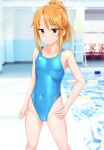  1girl absurdres aqua_one-piece_swimsuit breasts brown_eyes commentary_request competition_swimsuit covered_navel feet_out_of_frame hand_on_own_hip highleg highleg_swimsuit highres idolmaster_cinderella_girls_u149 long_hair looking_at_viewer one-piece_swimsuit orange_hair photo_background ponytail pool poolside sidelocks small_breasts solo swimsuit takafumi yuuki_haru 