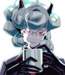  1girl black_gloves closed_mouth cup curly_hair demon demon_girl demon_horns donuttypd glasses gloves grey_hair helltaker holding holding_cup horns looking_ahead pandemonica_(helltaker) red_eyes steam white_background 