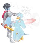  absurd_res anthro areola armor avian beak berdly bird blue_body blue_feathers blush bodily_fluids cape chastity_cage chastity_device choker clothing cum cum_in_nipples cum_inside deltarune duo ejaculation english_text erection feathers genital_fluids genitals hi_res holding_object holding_weapon human jewelry kinkykong kris_(deltarune) male male/male male_penetrated mammal melee_weapon necklace nipple_fetish nipple_penetration nipple_play nipple_sex nipples penetration penis sex submissive submissive_male sword text undertale_(series) weapon 