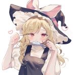  1girl black_headwear black_vest blonde_hair bow braid commentary_request fish hands_up hat hat_bow heart highres kirisame_marisa long_hair looking_at_viewer mouth_hold paw_pose puffy_short_sleeves puffy_sleeves red_eyes shirt short_sleeves simple_background single_braid smile solo sorani_(kaeru0768) touhou turtleneck unfinished_dream_of_all_living_ghost upper_body vest white_background white_bow white_shirt witch_hat 