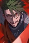  1boy absurdres achilles_(fate) armor fate/apocrypha fate_(series) fighting_stance furrowed_brow green_hair haruakira highres light_particles looking_ahead male_focus mature_male open_mouth orange_sash red_background red_eyes short_hair shoulder_armor solo sweat teeth undercut veiny_face 