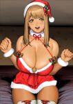  1girl bare_shoulders breasts brown_hair cessa cleavage commentary cowboy_shot dress emma_(nikke) english_commentary fur_cuffs fur_trim goddess_of_victory:_nikke hands_up hat large_breasts long_hair looking_at_viewer open_mouth red_dress santa_costume santa_dress santa_hat sidelocks sitting smile solo yellow_eyes 