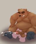  0ottotto0 2023 anthro balls bear belly big_belly black_nose blush bodily_fluids brown_body cum ejaculation erection eyes_closed genital_fluids genitals hi_res kemono male mammal moobs nipples overweight overweight_male penis sitting solo_focus 