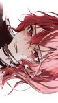  1girl bungou_stray_dogs crying hair_between_eyes highres long_hair looking_down lower_teeth_only military military_uniform okura_teruko_(bungou_stray_dogs) open_mouth portrait red_eyes red_hair sidelocks simple_background solo teardrop tears teeth uniform white_background ya_ta 