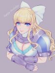  1girl armor blonde_hair blue_eyes bow breasts charlotte_(fire_emblem) cleavage commentary_request e_m_a eyelashes fire_emblem fire_emblem_fates grey_background hair_bow happy_birthday highres large_breasts long_hair looking_at_viewer pauldrons shoulder_armor sidelocks simple_background solo upper_body vambraces white_bow 
