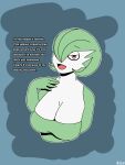  3:4 ay03 big_breasts breasts cleavage clothed clothing dialogue english_text female gardevoir generation_3_pokemon green_hair hair hi_res huge_breasts humanoid nintendo pokemon pokemon_(species) red_eyes simple_background text white_body 