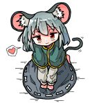  1girl animal_ears barefoot blush capelet closed_mouth dot_nose green_capelet grey_hair grey_shirt grey_skirt hands_on_own_knees hatching_(texture) heart kasuya_baian linear_hatching long_sleeves looking_at_viewer mouse_ears mouse_girl mouse_tail nazrin on_ground red_eyes seiza shirt simple_background sitting skirt solo striped_capelet tail tail_wagging touhou white_background 