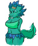  absurd_res anthro big_breasts blush blush_lines breasts clothed clothing crown female glistening glistening_body green_body green_clothing green_scales green_topwear headgear hi_res horn kobold kobold_princess leaf_skirt looking_at_viewer navel princess_and_conquest scales short_stack simple_background skimpy smile smiling_at_viewer solo solo_focus sstarr tail thick_thighs topwear usnug white_background 