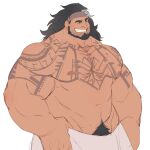  1boy absurdres bara black_hair chest_tattoo cowboy_shot dark-skinned_male dark_skin full_beard grin guran_(underguran) highres huge_pectorals looking_to_the_side male_focus male_pubic_hair mature_male mauga_(overwatch) muscular muscular_male nipples overwatch overwatch_2 penis penis_peek pubic_hair seductive_smile smile solo sparse_navel_hair strongman_waist tattoo thick_eyebrows topless_male towel_around_waist unfinished 