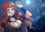  1girl black_cape bodysuit breasts cape choker cleavage commentary_request fire_emblem fire_emblem_engage ha_(pixiv2276) hair_ornament highres jewelry large_breasts long_hair looking_at_viewer moon night night_sky one_eye_closed outdoors pink_choker purple_bodysuit red_hair ring short_sleeves sky smile solo star_(sky) star_(symbol) star_hair_ornament tree wavy_hair yellow_eyes yunaka_(fire_emblem) 