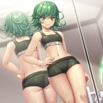  1girl asisuki black_shorts black_sports_bra blush breasts closed_mouth collarbone covered_nipples crop_top curly_hair green_eyes green_hair hand_on_own_hip highres mirror navel short_hair shorts small_breasts smile solo sports_bra standing tatsumaki 