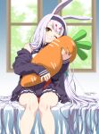  1girl absurdres animal_ears azur_lane bare_legs black_hairband black_jacket black_skirt blurry blurry_background closed_mouth commentary dated dated_commentary depth_of_field feet_out_of_frame hairband highres hugging_object jacket long_hair long_sleeves miniskirt one_eye_closed pleated_skirt rabbit_ears rabbit_girl shimakaze_(azur_lane) signature sitting skirt sleeves_past_wrists solo stuffed_carrot umyonge_(lkakeu) very_long_hair white_hair yellow_eyes 