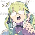  1girl antlers black_choker buck_teeth ceres_fauna ceres_fauna_(3rd_costume) choker closed_eyes freckles frilled_choker frills glasses green_hair harutimu highres hololive hololive_english index_finger_raised jirai_kei leaf nerd_emoji opaque_glasses partially_opaque_glasses shutterstock teeth twintails twitter_username white_background 