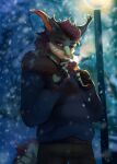 anthro background_smoke blue_background cigarette cigarette_holder cigarette_smoke clothing dragon eastern_dragon fingerless_gloves fur gloves green_body green_fur handwear hi_res invalid_background lighter male murfa red_eyes simple_background solo winter winter_clothing 