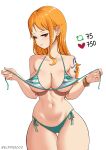  1girl absurdres bikini bracelet breasts brown_eyes cleavage collarbone cowboy_shot elpipe_3000 green_bikini grin hands_up heart highres jewelry large_breasts like_and_retweet long_hair meme nami_(one_piece) narrow_waist navel one_piece orange_hair parted_lips shoulder_tattoo simple_background smile solo stomach swimsuit tattoo twitter_strip_game_(meme) untied_bikini wavy_hair white_background wide_hips 