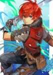  1boy adol_christin belt_pouch black_eyes gloves highres holding holding_sword holding_weapon looking_at_viewer pouch red_hair short_hair short_sleeves signature solo sword weapon yora ys 