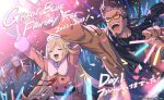  1girl 2boys anderson_(granblue_fantasy) audience beard black_hair black_scarf black_shirt blonde_hair brown_coat brown_jacket closed_eyes coat concert confetti copyright_name earrings erika_(granblue_fantasy) facial_hair glowstick goatee granblue_fantasy grey_hair holding holding_glowstick jacket jewelry long_hair minaba_hideo multiple_boys official_art one_eye_closed open_clothes open_coat open_mouth scarf shirt short_hair smile stage_lights sunglasses yngwie 