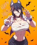  1girl 4ces abs animal_ears bat_(animal) black_choker black_hair black_pants breasts capelet choker claw_pose cleavage clenched_teeth collarbone fake_animal_ears fingernails fur-trimmed_capelet fur_trim hair_between_eyes halloween happy_halloween highres hitomi-chan_wa_hitomishiri large_breasts long_fingernails looking_at_viewer medium_hair muscular muscular_female nail_polish navel orange_background pants purple_wrist_cuffs red_nails scar scar_on_face sharp_fingernails sharp_teeth shiny_skin smile solo stomach takano_hitomi teeth upper_body wolf_ears wrist_cuffs 
