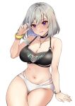  1girl :d arm_at_side armband bandeau bare_shoulders bikini black_bikini black_choker bob_cut breasts choker cleavage collarbone cowboy_shot crossed_legs dot_nose earrings grey_hair grin hair_between_eyes hand_in_own_hair hand_up highres idoly_pride jewelry kanzaki_rio large_breasts legs_together long_bangs looking_at_viewer medium_hair mismatched_bikini multiple_bracelets navel open_mouth pendant plum_(arch) purple_hair raised_eyebrows sidelocks simple_background sitting smile solo stomach swimsuit teeth thick_thighs thighs white_background white_bikini 