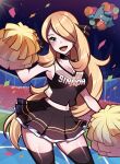  1girl :d absurdres alternate_eye_color black_choker blonde_hair blue_eyes breasts cheerleader choker cleavage confetti contrapposto cowboy_shot cynthia_(pokemon) gible hair_ornament hair_over_one_eye highres holding holding_pom_poms large_breasts long_hair looking_at_viewer midriff navel night night_sky open_mouth outdoors pokemon pokemon_(creature) pokemon_(game) pokemon_dppt pom_pom_(cheerleading) sky smile solo_focus stadium thighs touyarokii very_long_hair 