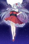  1girl bare_shoulders black_ribbon blue_eyes capelet commentary_request demon_wings dress frilled_skirt frills glowing grey_hair hair_bobbles hair_ornament highres long_hair miso_inpakuto moon multiple_wings mystic_square paid_reward_available red_dress red_footwear ribbon shinki_(touhou) skirt sky sleeveless solo star_(sky) starry_sky touhou touhou_(pc-98) wings 