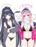  1other 2girls arona&#039;s_sensei_doodle_(blue_archive) black_hair blue_archive blush breasts cleavage collarbone eimi_(blue_archive) eimi_(swimsuit)_(blue_archive) female_pubic_hair goggles goggles_on_head grey_jacket groin hairband halo highres jacket k-y large_breasts long_hair long_sleeves multiple_girls navel official_alternate_costume open_clothes open_jacket open_mouth pink_eyes pink_hair pink_halo pink_jacket ponytail pubic_hair purple_eyes purple_hairband sensei_(blue_archive) simple_background small_breasts ui_(blue_archive) ui_(swimsuit)_(blue_archive) very_long_hair white_background yellow_halo 