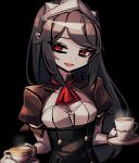  1girl :d allen_(makaroll) ascot black_background black_corset blurry breasts brown_hair brown_sleeves cleavage coffee collarbone commentary corset covered_collarbone cup drink eyebrows_hidden_by_hair gloves hair_ornament head_tilt holding holding_drink holding_plate long_hair looking_at_viewer mug open_mouth phantom_rose plate pointy_ears puffy_short_sleeves puffy_sleeves red_ascot red_eyes reina_(phantom_rose) short_sleeves shrug_(clothing) simple_background small_breasts smile solo steam swept_bangs teacup underbust upper_body very_long_hair white_gloves 