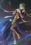  1girl artist_name bare_shoulders blue_dress braid breasts byleth_(female)_(fire_emblem) byleth_(fire_emblem) cleavage closed_eyes commentary cosplay detached_sleeves dress felia_hanakata fire_emblem fire_emblem:_three_houses green_eyes green_hair hands_on_own_chest high_heels highres large_breasts long_sleeves medium_breasts medium_hair official_alternate_costume parted_lips red_ribbon ribbon ribbon_braid sandals solo sothis_(fire_emblem) sothis_(fire_emblem)_(cosplay) tiara twin_braids white_ribbon yellow_footwear 