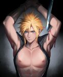  1boy aqua_eyes arm_up armpits arms_behind_head asymmetrical_gloves black_gloves black_shirt blonde_hair blush breast_mousepad cloud_strife collarbone earrings eilinna final_fantasy final_fantasy_vii final_fantasy_vii_advent_children furrowed_brow gloves grey_background hair_between_eyes high_collar jewelry male_focus masamune_(ff7) open_clothes open_shirt parted_lips pectorals pink_ribbon ribbon shirt short_hair single_earring sleeveless sleeveless_shirt solo spiked_hair toned toned_male upper_body 