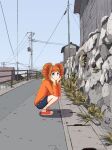  1girl absurdres aqua_eyes building day expressionless full_body hair_ornament hair_scrunchie hands_on_own_cheeks hands_on_own_face highres hood hoodie idolmaster idolmaster_(classic) medium_hair neko_atsu_(ne5a2) orange_hair orange_hoodie outdoors power_lines railing road scrunchie shoes skirt sky sneakers solo squatting takatsuki_yayoi twintails utility_pole 