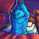  anthro armpit_hair bed bedding blanket blue_body blue_fur body_hair canid canine canis fur furniture haha-yea hi_res lupin_(town_of_salem_2) male mammal muscular muscular_male solo stretching town_of_salem_2 were werecanid werecanine werewolf wolf 
