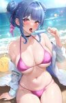  1girl azur_lane beach bikini black_choker blue_sky breasts choker cloud collarbone commentary_request day double_bun food hair_bun hair_ribbon highres holding holding_food holding_popsicle large_breasts manjuu_(azur_lane) marco_polo_(azur_lane) navel navel_piercing ocean open_mouth outdoors piercing pink_bikini pink_ribbon popsicle red_eyes ribbon sitting sky studiopokotan swimsuit thighs tongue tongue_out wet 