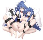  2girls arknights astesia_(arknights) astgenne_(arknights) bar_censor bare_shoulders barefoot bdsm bikini black_bikini black_gloves blue_eyes blue_hair blush bondage bound bound_arms bound_legs breasts censored collar collarbone futa_with_female futanari gloves hair_intakes highres holding incest large_breasts long_hair looking_at_penis looking_down lube lying medium_breasts motion_lines multiple_girls navel nipples on_back parted_lips penis pillow ponytail qianshibu restrained siblings simple_background sisters sitting smile spread_legs swimsuit testicles trembling twitching_penis very_long_hair white_background wide-eyed 