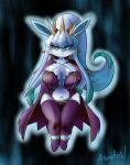  absurd_res aivrotsiel anthro areola areola_slip big_breasts boots breasts cape clothing crown eeveelution fan_character female footwear generation_4_pokemon genitals glaceon green_eyes hair headgear hi_res huge_breasts long_ears nintendo pokemon pokemon_(species) ponytail pussy short_stack solo 