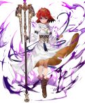  1girl ankle_boots aura boots dark_aura detached_sleeves dress fire_emblem fire_emblem:_mystery_of_the_emblem fire_emblem_heroes full_body hairband highres holding jewelry long_sleeves looking_at_viewer maria_(fire_emblem) mayo_(becky2006) necklace non-web_source official_art red_eyes red_hair short_hair solo staff standing transparent_background white_dress 