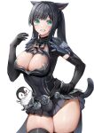  1girl animal_ears asymmetrical_bangs bird black_dress black_gloves black_hair black_skirt blush breast_cutout breasts cat_ears cat_girl cat_tail cleavage commission cowboy_shot dress elbow_gloves facial_mark final_fantasy final_fantasy_xiv gloves green_eyes hand_on_own_hip highres large_breasts long_hair looking_at_viewer miniskirt miqo&#039;te parted_lips penguin pleated_skirt sidelocks simple_background skeb_commission skindentation skirt solo swept_bangs tail thighs torisanff14 warrior_of_light_(ff14) whisker_markings white_background 