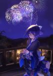  1girl a-chan_(hololive) absurdres aerial_fireworks alternate_hairstyle back_bow black_kimono blue_bow blue_eyes blue_hair bow closed_mouth commentary dark_blue_hair earrings fireworks floral_print floral_print_kimono glasses hair_bow highres hololive japanese_clothes jewelry kimono kinchaku long_sleeves looking_at_viewer obi pouch pparus print_kimono sash short_hair smile solo steepled_fingers striped striped_kimono summer_festival swept_bangs triangle_earrings vertical-striped_kimono vertical_stripes virtual_youtuber wide_sleeves yukata 