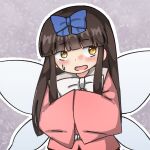  1girl baystarsapphire black_hair blue_bow blunt_bangs blush bow bowtie brown_eyes brown_hair commentary_request cosplay dot_nose fairy_wings grey_background hair_bow hands_in_opposite_sleeves highres houraisan_kaguya houraisan_kaguya_(cosplay) long_hair long_sleeves looking_to_the_side open_mouth outline pink_shirt shirt sidelocks simple_background solo star_sapphire sweat touhou upper_body very_long_hair white_bow white_bowtie white_outline wide_sleeves wings 