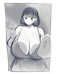  1girl against_glass blush breast_press breasts breasts_on_glass chemise closed_mouth erkaz greyscale hairband highres huge_breasts monochrome original rina_atherina short_hair sketch smile smiley_face solo upper_body window 